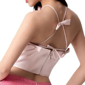 Vietnamese Pastel Pink Rose Bow Ribbon Halter Satin Corset Crop Top Blouse thumbnail 3