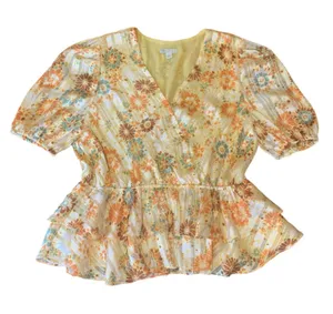 Cato Top Large Yellow Orange Floral 60’s V-neck Elastic waist Shortsleeved thumbnail 1