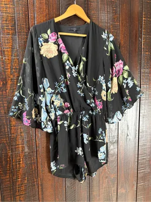 Olivaceous Floral Chiffon V-Neck Kimono Romper - Medium thumbnail 1