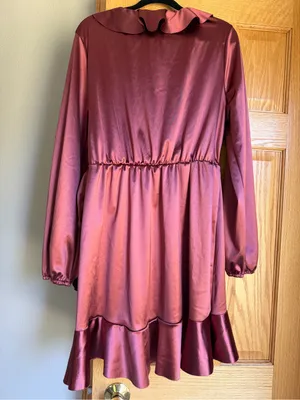 GeeGee Satin Faux Wrap Ruffle Mini Dress Mauve Rose Size Large thumbnail 2