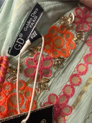 Embroidered V-Neck Maxi Dress in Light Green with Orange Accents thumbnail 3