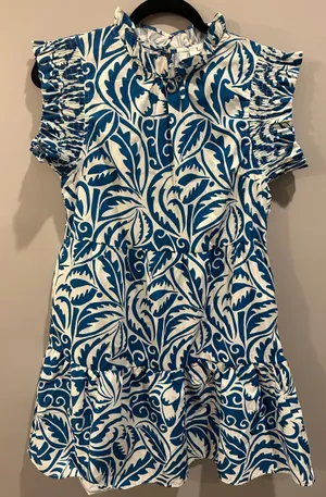 THML Blue and White Ruffle Neck Tiered Printed Dress thumbnail 1