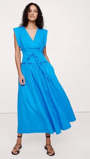 NWT Banana Republic linen maxi dress cinch-waist cobalt royal cap short sleeve thumbnail 1