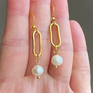 Handmade gold tone stainless steel natural shell pearls chic fairy boho vintage style dangle earrings💖 thumbnail 5