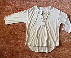 Madewell Lace Up 3/4 Sleeve Pullover Top Off White Casual Cotton Blend thumbnail 1