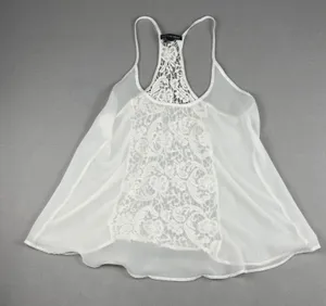 American Dream Womens White Lace Racerback Tank Top Sheer Flowy Boho Size L thumbnail 1