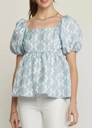 Entro Puff Sleeve Floral Lace Detail Square Neck Blouse Blue thumbnail 1