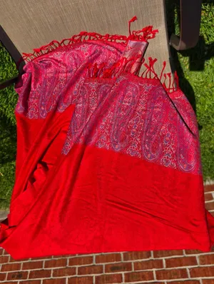100% Pashmina Red Paisley Shawl Wrap Scarf Soft Woven Fringe | Oversized 68x28" thumbnail 2
