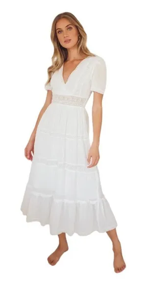 Lulu's Folklore Swiss Dot Lace Trim Tiered Gauze Midi Dress Pinstripe White M thumbnail 1