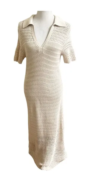 Loft Beach Maxi Dress LP Tan Crochet Open Knit Short Sleeve Cover Up Outdoor thumbnail 1