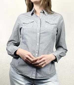Tommy Hilfiger Grey & White Pinstriped Long Sleeve Button Up Shirt thumbnail 1