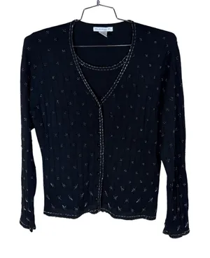Claudia D Womens Black Beaded Ribbed Cardigan Top Vintage L thumbnail 1