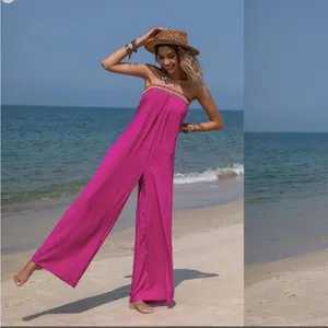 NWT Rusttydustty Hot Pink Geometric Embroidered Tube Top Wide Leg Jumpsuit M‎ thumbnail 2
