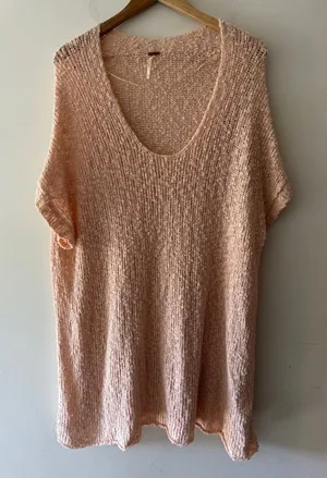 Free People Pink Oversized Open Knit Tunic Dress, Short Sleeves‎ thumbnail 1