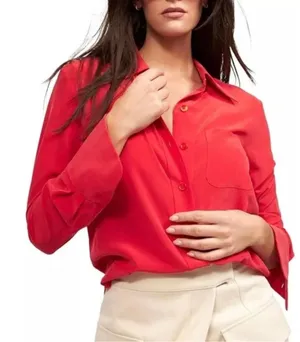 Equipment L Quinne Silk Button Down Up Top Blouse Shirt in red Luxury Basic thumbnail 1