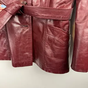 Vintage Leather Rabbitt Fur Trim Trench Tie Jacket Sz 5/6 Maroon Y2K Mob Wife thumbnail 7