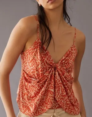 Anthropologie Twist Cami Front Ditsy Floral Orange White XS thumbnail 1