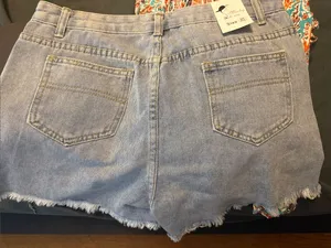 Women’s Light Blue Distressed Denim Shorts with Rhinestone Fringe RUN SMALL thumbnail 2