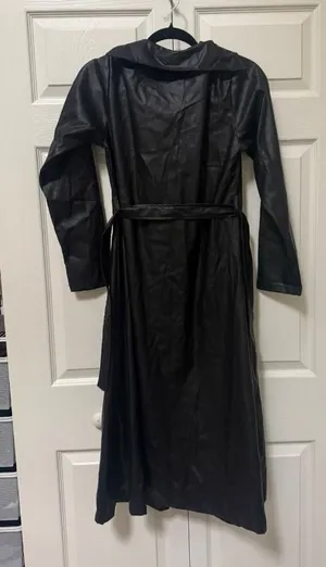 Apperloth Black Faux Leather Belted Long Trench Coat S thumbnail 1