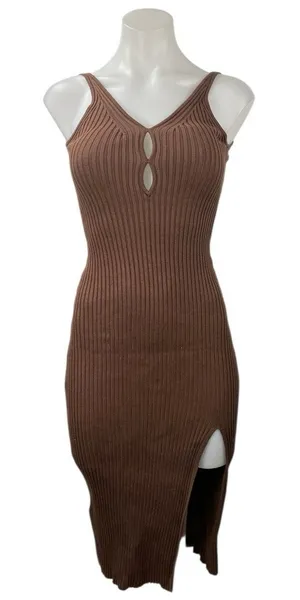 Abercrombie & Fitch Brown Rib Knit Sleeveless Keyhole Slit Midi Bodycon Dress XS thumbnail 1