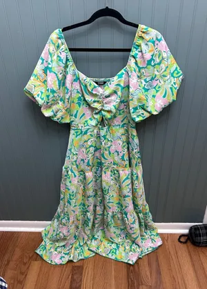 BTFBM Green Floral Puff Sleeve Cutout‎ Tiered Midi Dress Womens Large Retro Boho thumbnail 1