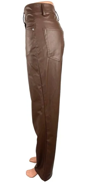 H&M Divided Brown 90's Faux Leather High Rise Straight Leg Loose Fit Pants Sz 6 thumbnail 2