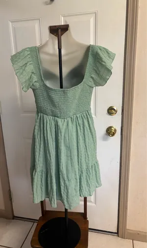 Large Thirty Thirty Sage Green Boho Peasant short sleeve mini Dress thumbnail 2