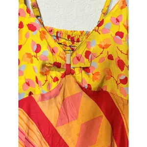 Silk Blend Patchwork Sundress Yellow Orange Floral Boho Resort Dress M thumbnail 3