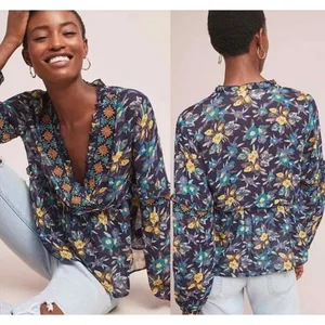 Anthropologie Meadow Rue Strasser Floral Blouse embroidered beaded size medium thumbnail 2