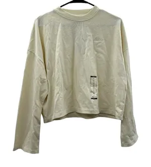 Nike‎ Solid Cream Long Sleeve Cropped Oversized Pullover Sweatshirt Size M NWT thumbnail 1