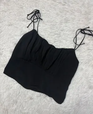 Abercrombie Black Tie-Shoulder Ruched Crop Top thumbnail 1