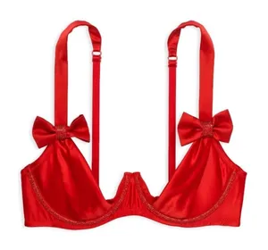 VICTORIA’S SECRET Dream Angels Wicked Satin Peek A Boo Cup Bra Red Crystal XL thumbnail 1