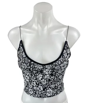 Free People Black Ribbed Knit Floral Sleeveless Cami Camisole Tank Crop Top XS/S thumbnail 1