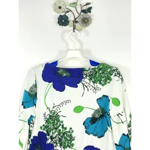Anthropologie Deletta Haru Size Medium Floral Tunic Top Blue Green Puff Sleeve thumbnail 9