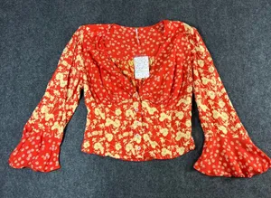 Free People Red Floral Mixed Print Blouse Flared Sleeve Smocked Back L Boho NWT thumbnail 1