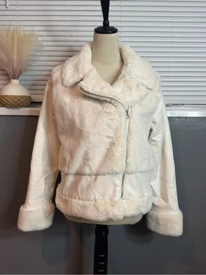 Nine West Cream Faux Fur Moto Jacket Size Small thumbnail 5