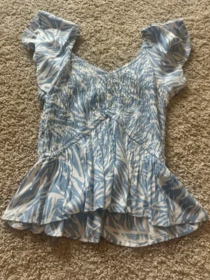 Japna blue floral blouse with ruffle sleeves thumbnail 1