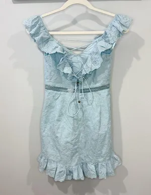 Angel Biba Sweet Melody Sweetheart Neck Off-Shoulder Dress Lace Steel Blue S thumbnail 6