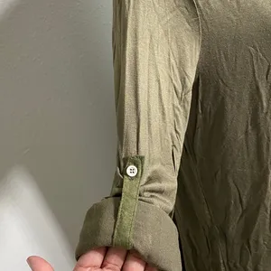 'VERY J' brand Small Olive Roll Button Sleeve Hi-Low Henley Office Blouse thumbnail 9