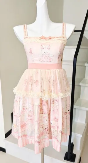 Pink Bunny Bear Print Lolita Strap Dress Lace thumbnail 1