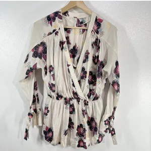 Free People Tuscan Dreams Floral Wrap Blouse BohoPeplum Tie Sleeve Top Cream‎ XS thumbnail 2
