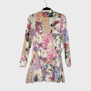 ZARA Dress Purple Mini Floral Patchwork Linen Shirtdress Waist Tie Boho Medium thumbnail 3