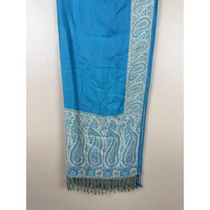 Pashmina Blue Paisley-Patterned Reversible Woven Wrap Fringed Shawl thumbnail 7