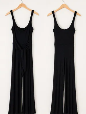 Reformation‎ Black Ribbed Wide-Leg Jumpsuit with Tie Waist thumbnail 3