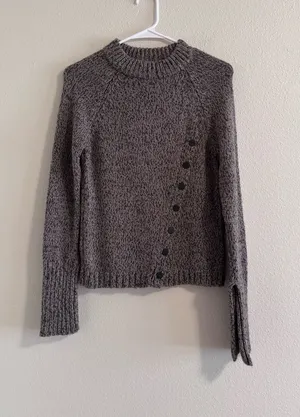 Zara Marled Gray Crewneck Sweater with Side Button Detail thumbnail 1