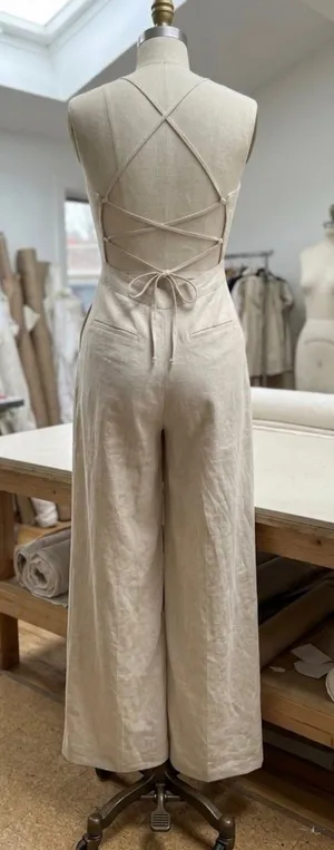 Title: Lulus Linen Wide Leg Button Front Lace Up Back Jumpsuit - M thumbnail 1