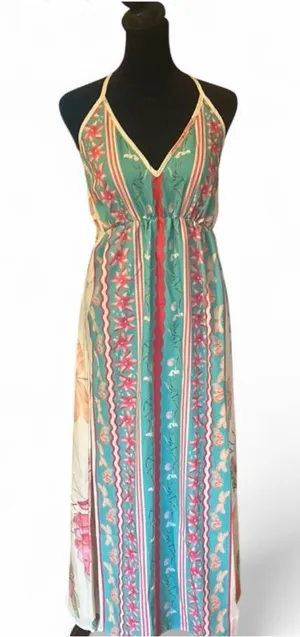 Multicolor Floral, Halter Maxi Dress, Tie Closure, Size S thumbnail 1