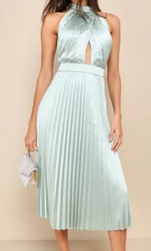 Lulus Totally Charming Sage Green Satin Pleated Halter Midi Dress L thumbnail 1