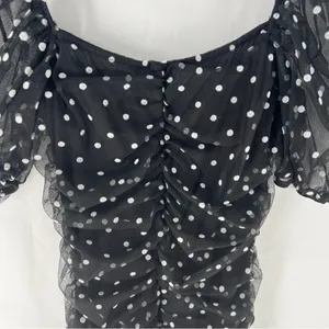 H&M Black & White Polka‎ Dot Mesh Puff Sleeve Ruffle Trim Ruched Mini Dress XXS thumbnail 11