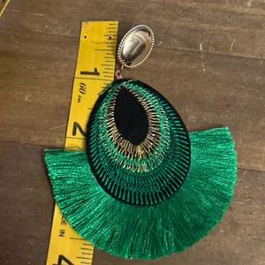 Large bohemian green peacock feather tassel earrings thumbnail 3